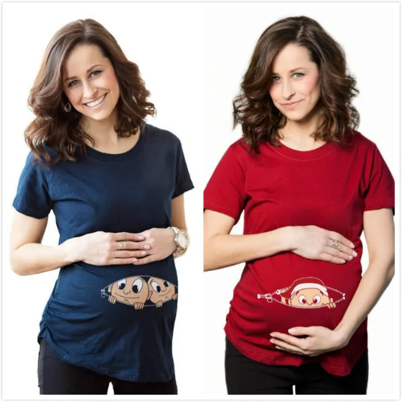 Summer Maternity Short Sleeve T-shirt Women Clothing Pregnant Zipper Twins Print Plus Size S-3XL Funny T-shirt Top Tees