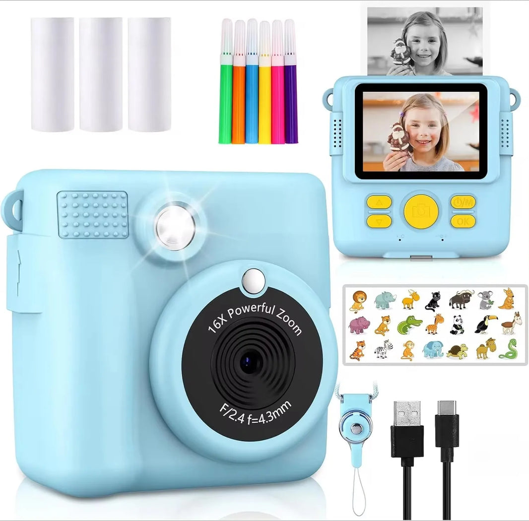 Portable Instant Print Kids Camera with 1080P HD Video, 3 Photo Paper Rolls, and 32GB Memory Card