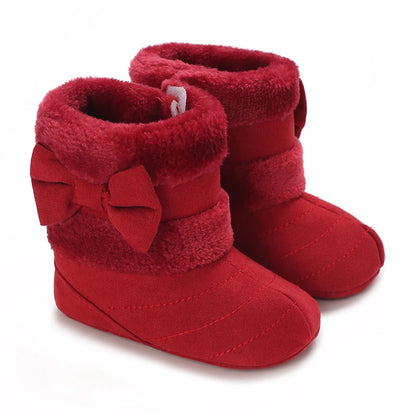 Cute Bowknot Comfortable Boots for Baby Girls, Soft Warm Plus Fleece Boots for Indoor Walking, Autumn and Winter