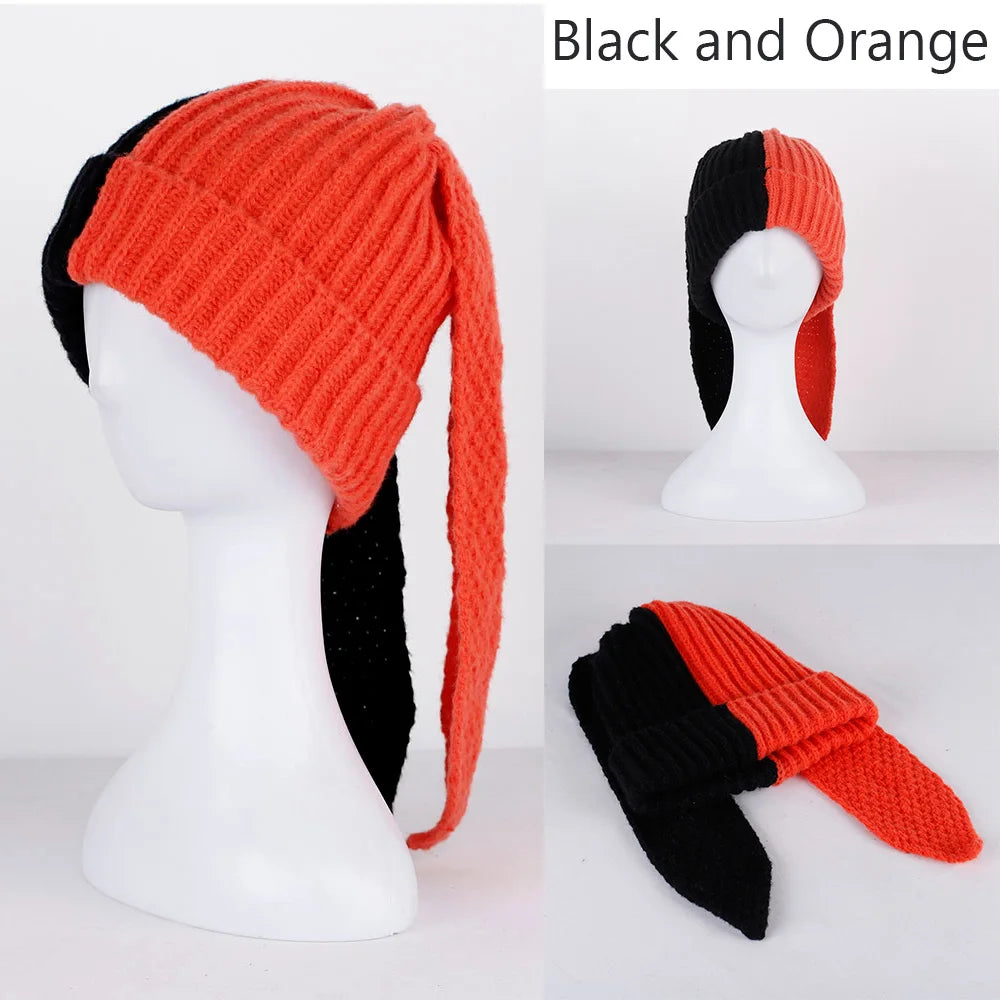 Rabbit Ears Knit Beanie – Colorblock Patchwork Cute Warm Unisex Winter Hat for Men & Women