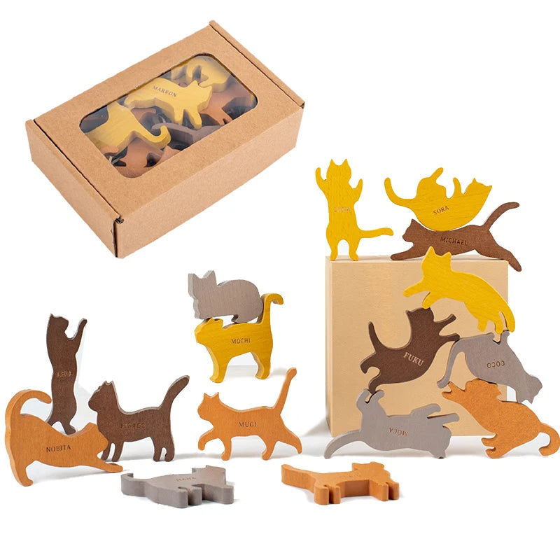 Montessori Stacking Blocks – Wooden Cat Balancing Game, Educational Puzzle Toy for Children, Home Decoration Desktop Toy