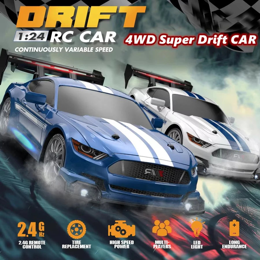 1:24 High-Speed RC Drift Car Mustang with 4WD and Replaceable Tires