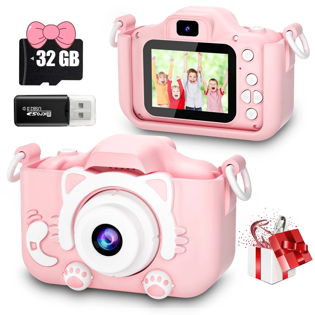 Cute Cat Kids Camera with Dual Lenses, 32GB Card, Silicone Case, HD Video Toy Gift