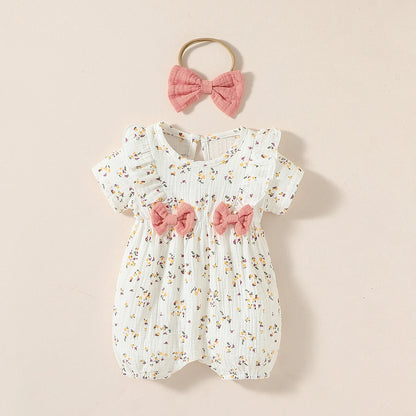 Baby Girl Summer Jumpsuit – Short Sleeve Heart Print Romper with Bow & Headband (Newborn-9M, 2024 Streetwear)