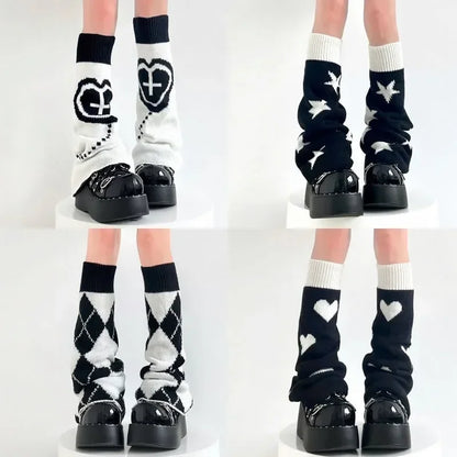 Y2K Punk Knitted Leg Warmers - Star Gothic Cross Harajuku Women Heart Two-Side Wear Loose Fit Leg Covers | JK Thigh High Lolita Socks
