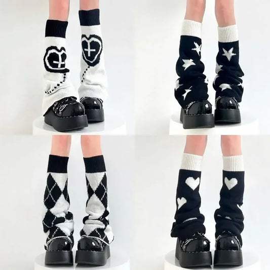 Y2K Punk Knitted Leg Warmers - Star Gothic Cross Harajuku Women Heart Two-Side Wear Loose Fit Leg Covers | JK Thigh High Lolita Socks