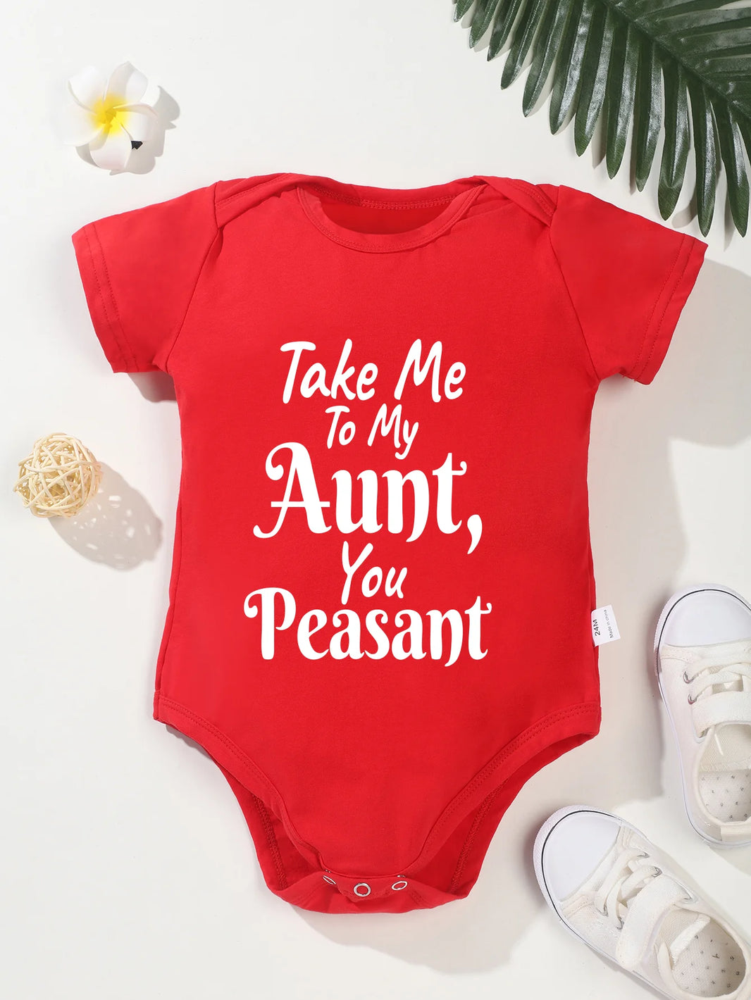 Newborn “Take Me To My Aunt You Peasant” Printing Bodysuit – Cute Infant Jumpsuit with Short Sleeves – Fashion Toddler Rompers for Baby Boy & Girl
