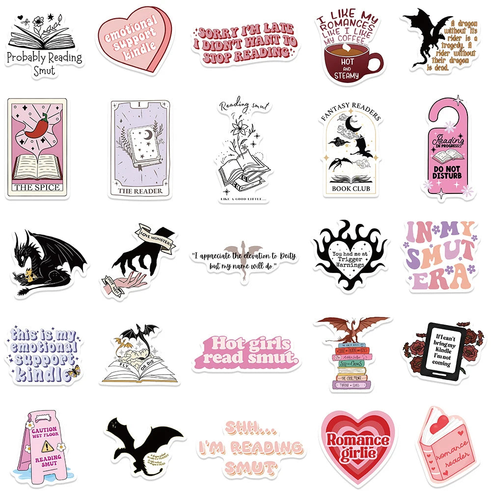 10/30/52pcs Cute Bookish Reading Stickers – Waterproof Graffiti Decals for Notebooks, Guitars, and Luggage