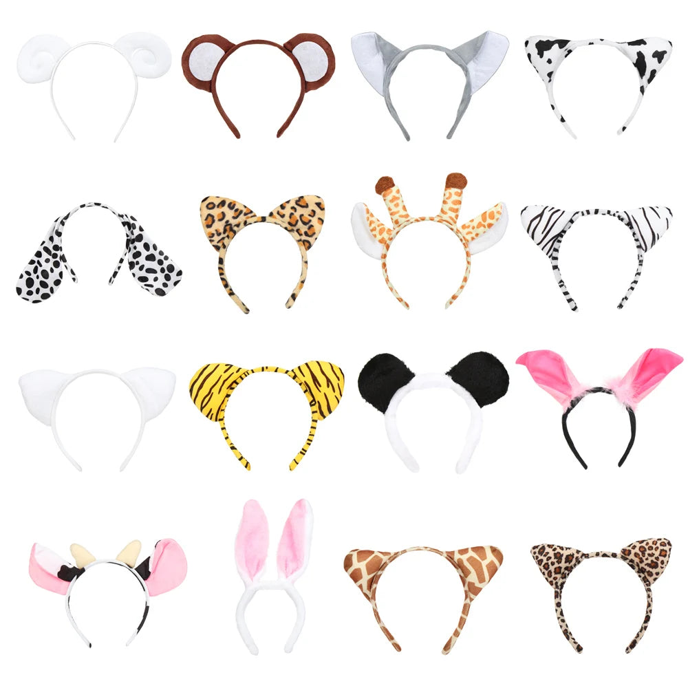 Plush Animal Ears Headband – Cartoon Dog Zebra Tiger Hairband, One Size for Kids & Adults, Cosplay Party Accessory