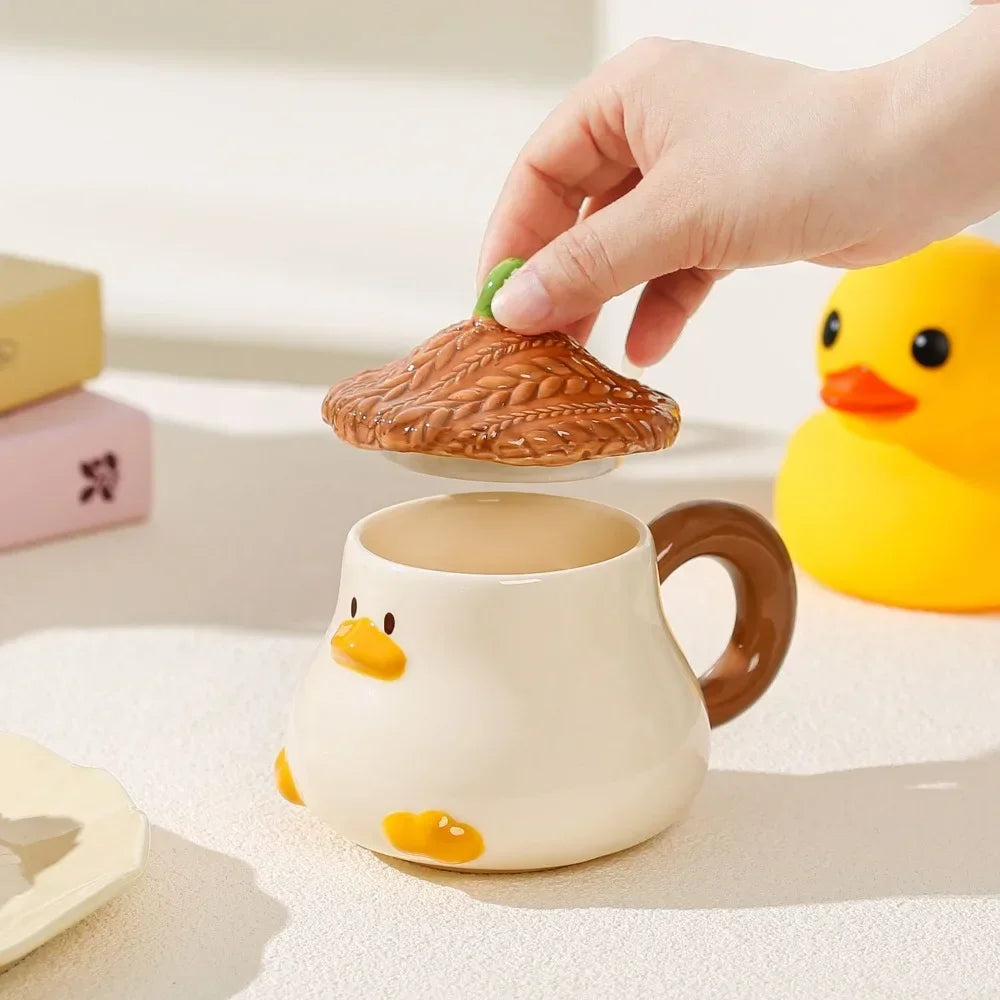 Cute Cartoon Duck Ceramic Mug with Lid & Spoon – 400ml (13.5 fl oz) Coffee Cup for Home & Office