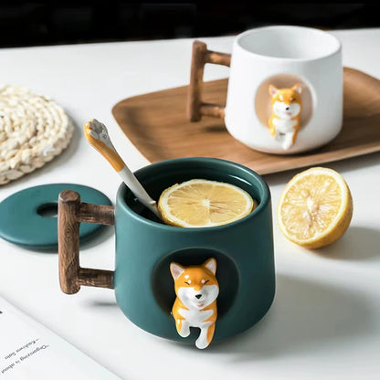 420ml (14.2 fl oz) 3D Shiba Inu Ceramic Mug with Lid & Spoon — Cute Cartoon Coffee & Milk Tea Cup, Gift for Girls