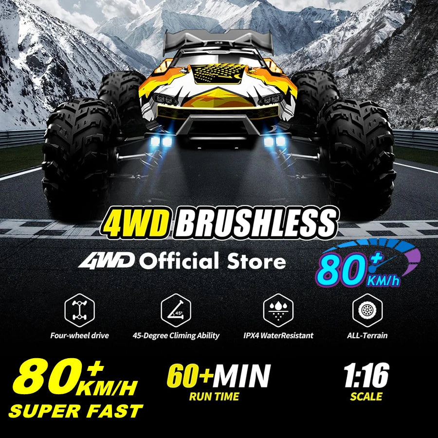 1:16 Brushless RC Drift Car with 80km/h Speed and LED Lights 4WD