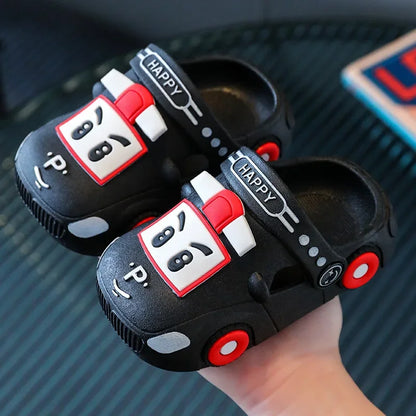 Summer Kids’ Hollow Sandals – Cute Cartoon Car Home Slippers, Breathable Non-Slip Beach Shoes for Boys & Girls