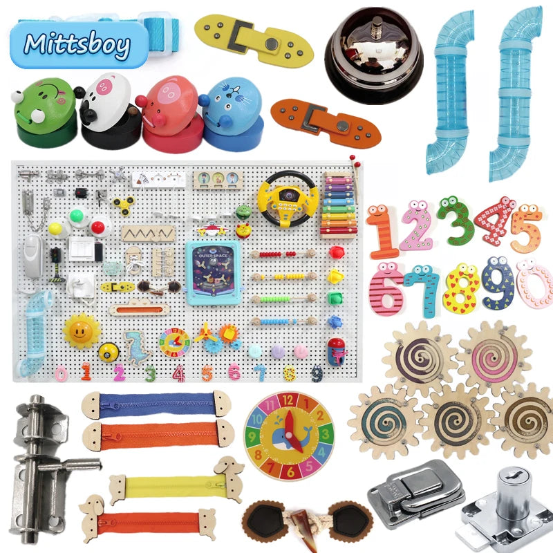 Busy Board Accessories – Montessori Wooden Toy with Key, Lock, Switch, Slides, and Paillette for Early Education Training and Learning Gifts