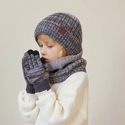 Winter Children’s Hat, Scarf & Gloves Set – Knitted Beanie with Thick Velvet Lining – Warm Neck Warmer & Mittens for Boys & Girls (4-10Y)