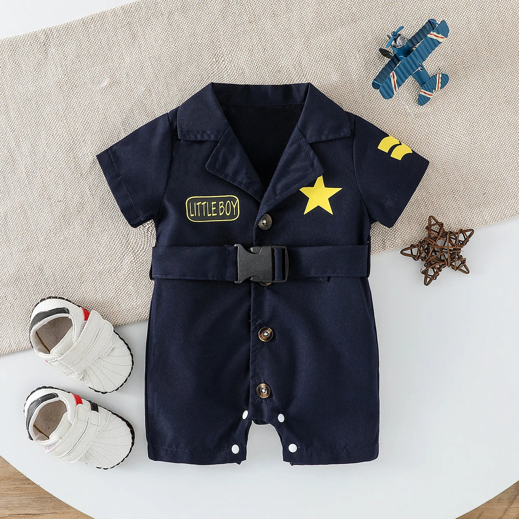 New Style Cute Baby Boys Summer Short Sleeve Lapel Jumpsuit with Letter Print – Casual Newborn Outfit