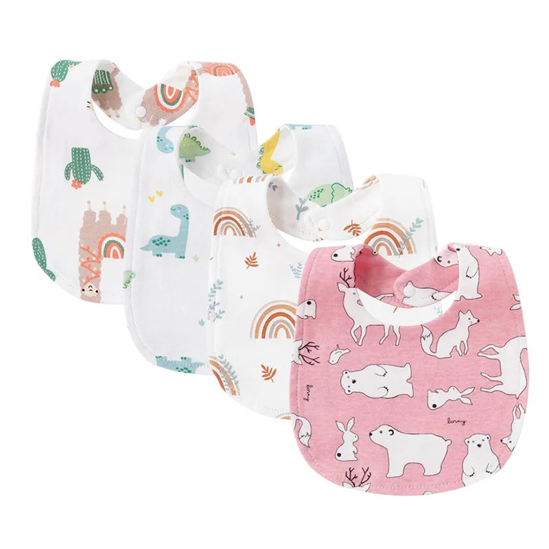 4Pcs/Set Infant Saliva Towel Baby Bibs | Cute Printed Double Layer Cotton Absorbent Burp Cloths for Newborn Boys & Girls with Pocket - Kidzy Market