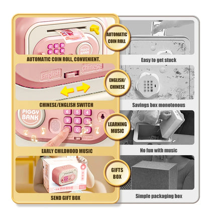 Electronic Piggy Bank for Kids – Mini ATM Cash Money Bank with Password Lock, Banknote Saving Box, Gift for Ages 3+