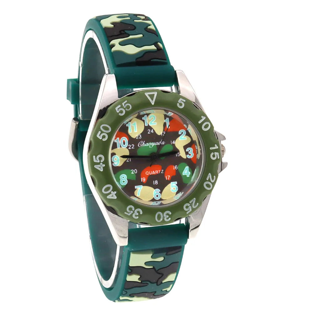 Luminous Hands Boys and Girls Fashion Camouflage Silicone Strap Quartz Digital Watch Waterproof for Kids and Students