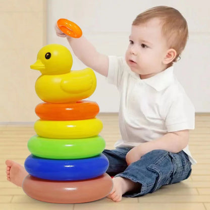 Rainbow Stacking Toy – Infant Early Learning Ring Puzzle with Yellow Duck, for Ages 0–3