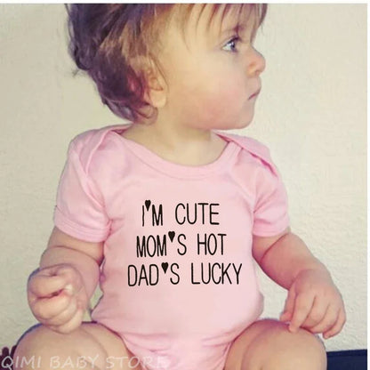 I'm Cute Mom's Hot Dad's Lucky Newborn Bodysuit Baby Girl Boy Clothes Short Sleeve Casual Jumpsuit Playsuit Rompers Outfits