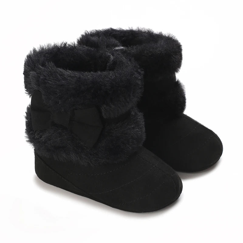 Cute Bowknot Comfortable Boots for Baby Girls, Soft Warm Plus Fleece Boots for Indoor Walking, Autumn and Winter