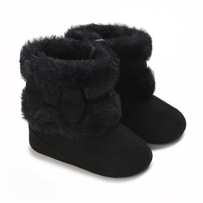 Cute Bowknot Comfortable Boots for Baby Girls, Soft Warm Plus Fleece Boots for Indoor Walking, Autumn and Winter