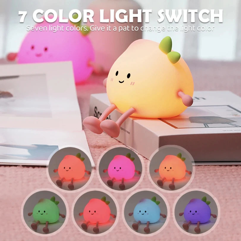 Cute Silicone Peach Night Light Rechargeable LED Nursery 7-Color Tap Control Bedside Lamp Christmas Gift