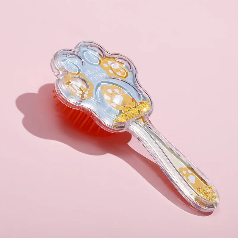 1 Piece Transparent Cartoon Kids Hair Brush – Glitter Cat Paw Massage Cushion Comb for Girls, Children's Hair Care Tool