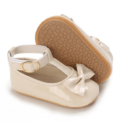 Khaki Baby Casual Shoes 0-18M Infant Toddler Bowknot Non-Slip Rubber Soft-Sole Flat PU First Walker Newborn Mary Janes