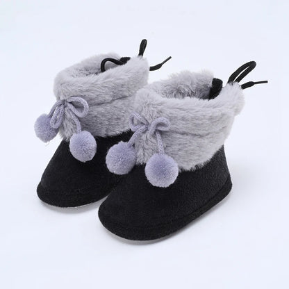 Winter Plus Velvet Snow Booties for Baby, Warm Boots Shoes, Baby Girl Shoes with Pompom, Soft Sole Indoor Walking Shoes