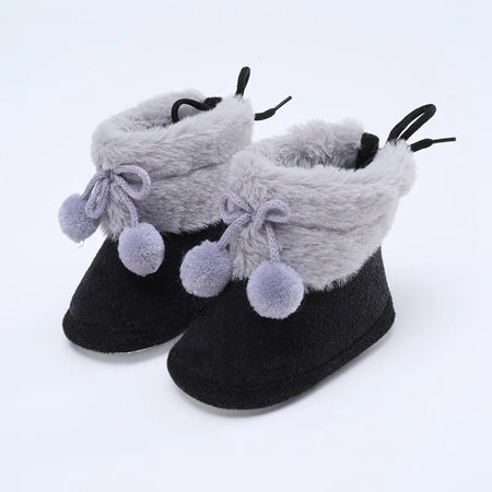 Winter Plus Velvet Snow Booties for Baby, Warm Boots Shoes, Baby Girl Shoes with Pompom, Soft Sole Indoor Walking Shoes