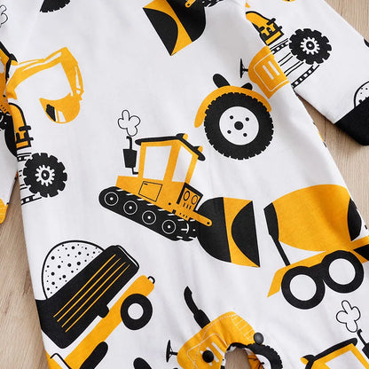 Baby Boy Cartoon Car Print Jumpsuit – Long Sleeve Round Collar Romper (Spring & Autumn, 0-24 Months)