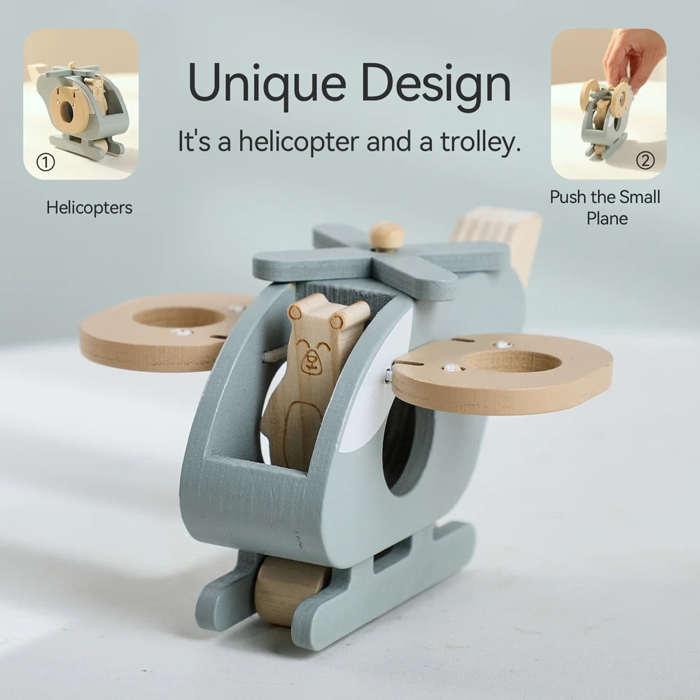 Wooden Transportation Toys – Plane, Helicopter, Bus, Boat, Montessori Educational Blocks for 1-Year-Old, Cartoon Cat Toy