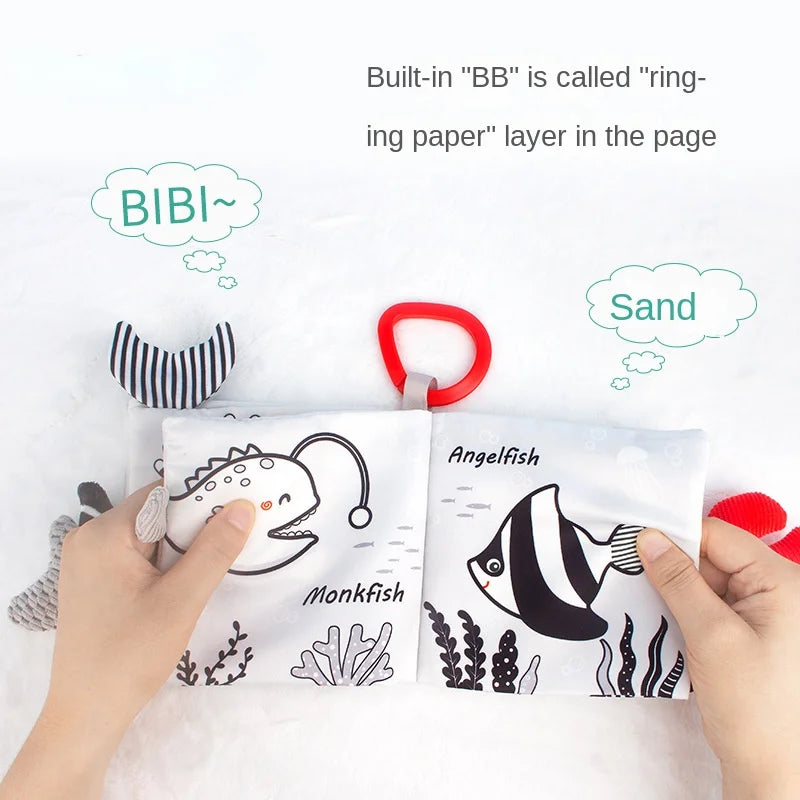 Infant Baby Cloth Book – Black and White Tail Book for Tactile Stimulation, Tear-Resistant for Ages 0–36 Months