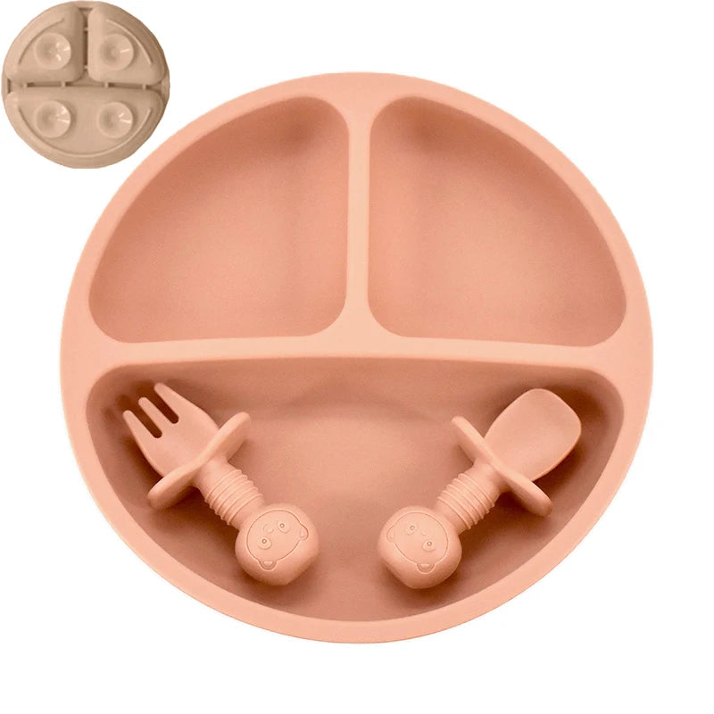 4Pcs Baby Safe Silicone Dining Plate Set - Cute Cartoon Smile Face Children Dishes, Retro Kids Tableware Set (BPA-Free)