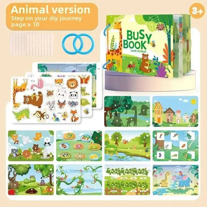 Busy Book for Kids – Animals, Vehicles, Dinosaurs Stickers with Number and Letter Matching Games, Interactive Learning Activity Book