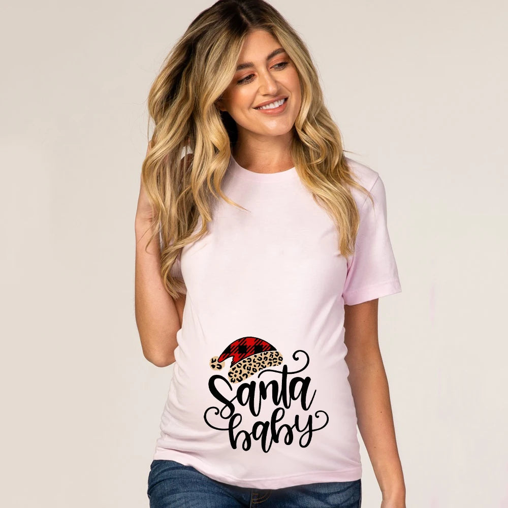 Christmas Santa Baby Print Maternity T-shirt Xmas Casual Pregnant Clothes Pregnancy Announcement T-shirt for Pregnant Women