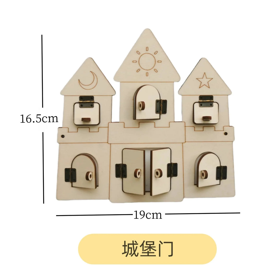 DIY Montessori Busy Board – Wooden Accessories with Hand-Pulled Wheel, Gear, Drum, Car, and Castle, Early Educational Toy for Children Gift