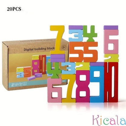 20PCS Colorful Wooden Building Blocks – Stacking Game, Montessori Digital Cognitive Teaching Aids for Children