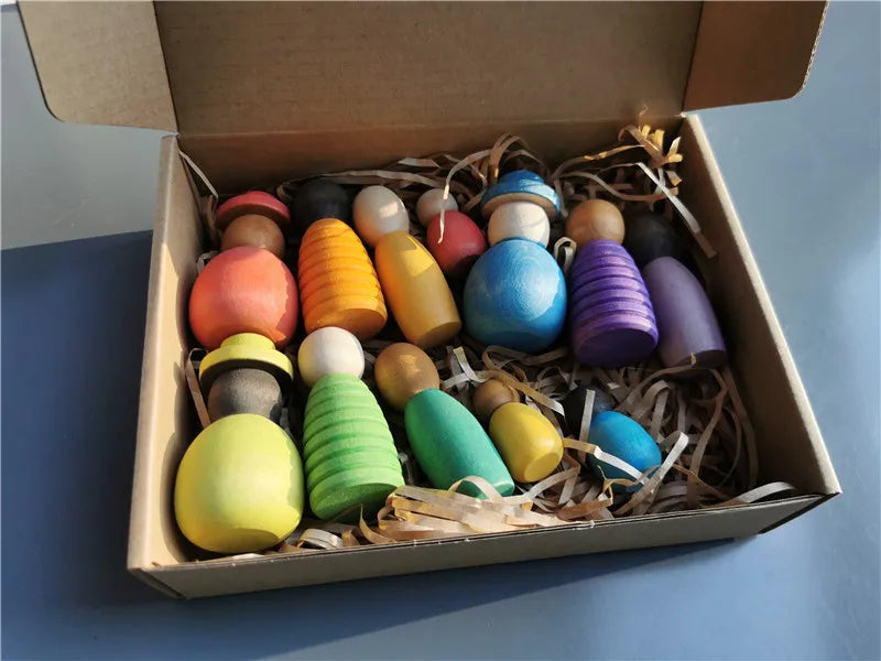 Wooden Beech Rainbow Calendar & Peg Dolls – Stacking Blocks and Wizard Figurines Toy for Kids