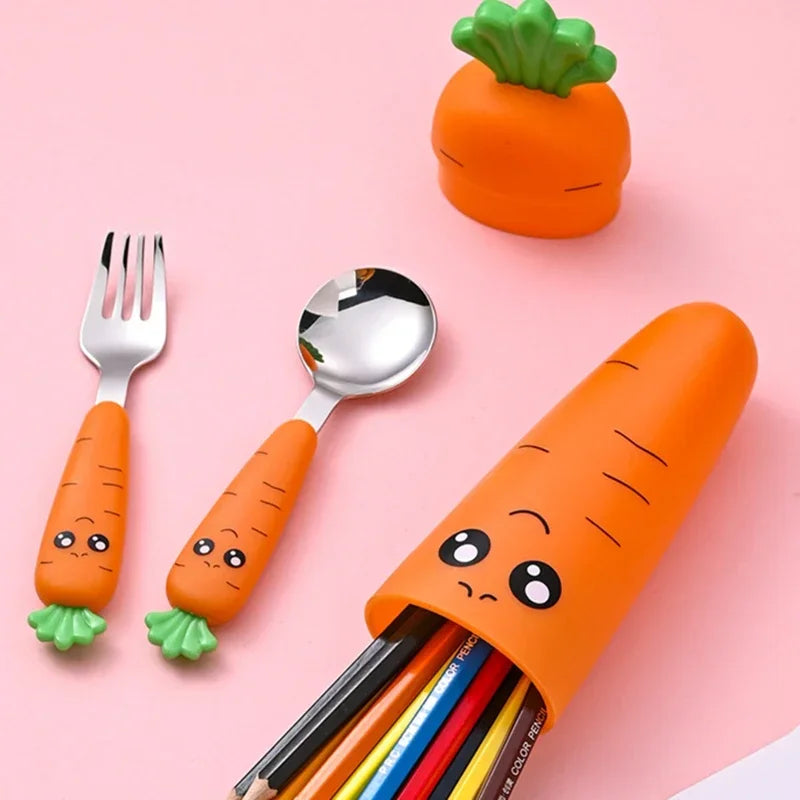 Carrot Shape Kids Fork and Spoon Set - Stainless Steel Baby Feeding Utensils, Cartoon Cutlery for Toddlers & Children