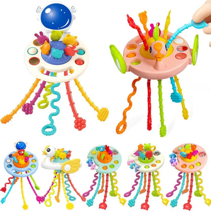Cartoon Duck Astronaut Pull String Toy – Montessori Activity for Development, Silicone Teething and Sensory Grip Training Educational Toy