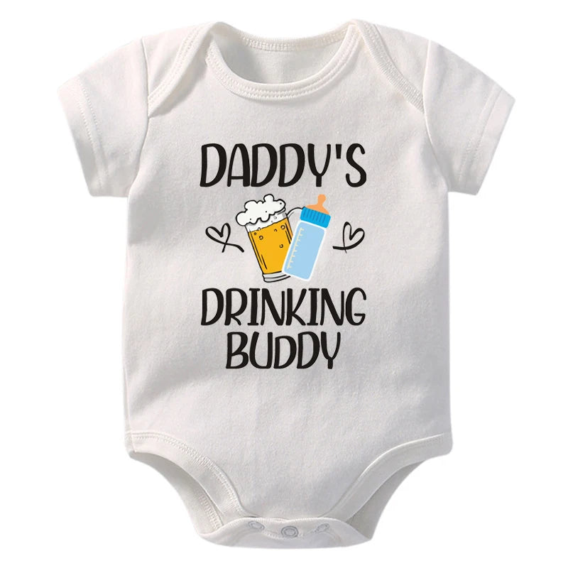 Funny "Daddy's Drinking Buddy" Newborn Baby Romper – Short Sleeve Cotton Bodysuit, Casual Summer Outfit, Perfect for Father's Day Gifts