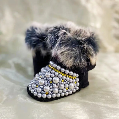 Dollbling Mommy & Daughter Custom Pearls Boots - Handmade Luxury Fur Infant Beaded Winter Booties