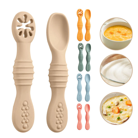 2PCS Silicone Baby Spoons Set – First Stage Utensils for Baby Led Weaning – Chew Training Spoons for Self-Feeding – Soft & Safe Baby Feeding Utensils