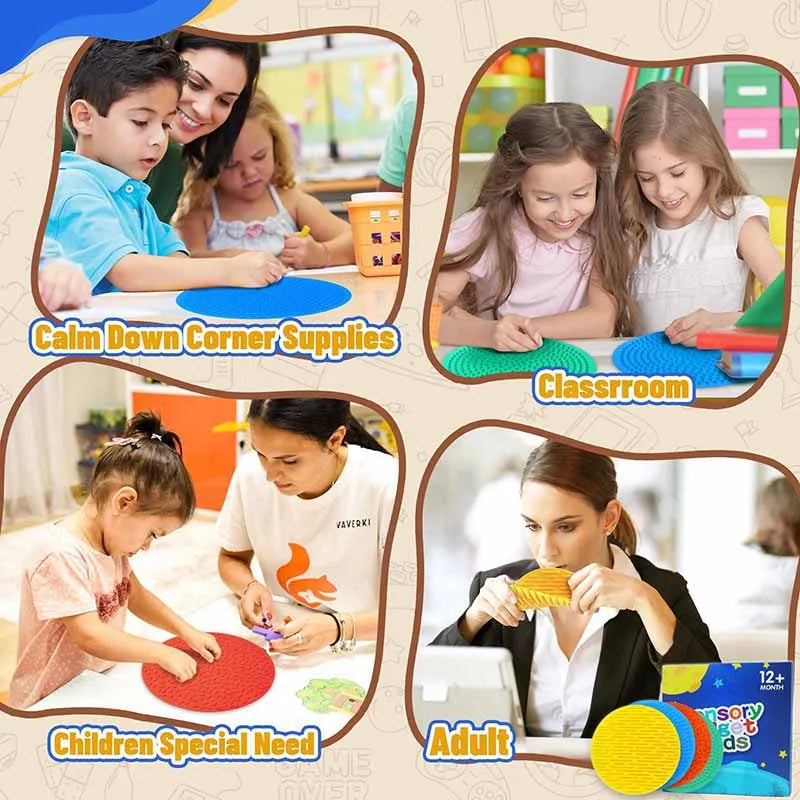 Silicone Sensory Mat Set - 4-Pack Multi-Texture Tactile Fidget Pads, 25 cm (9.8 in) Quiet Montessori Sensory Toy for Kids, Autism & ADHD Therapy