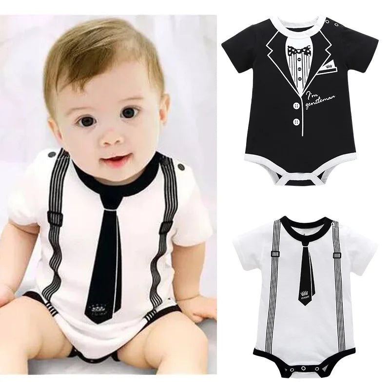 Newborn Baby Boy Summer Gentleman Romper 0-12M – Cotton Jumpsuit with Tie Print, Short Sleeve Infant Clothes