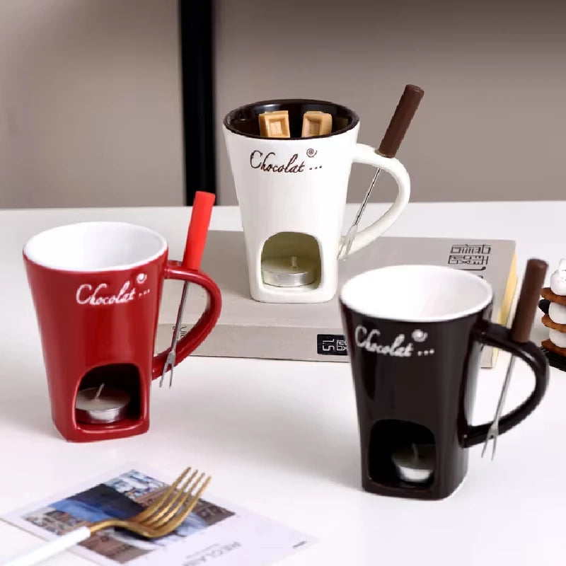 130ml (4.4 fl oz) Ceramic Chocolate Fondue Mug with Fork - 4.33in Mini Fondue Pot Candle Warmer for Melting Chocolate, Cheese & Butter