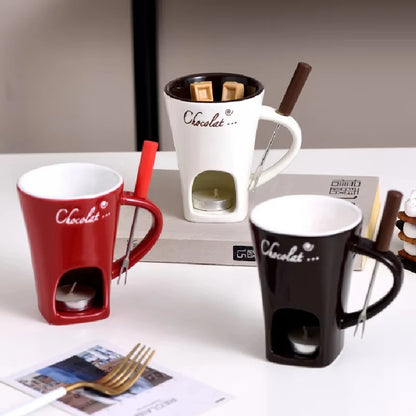 130ml (4.4 fl oz) Ceramic Chocolate Fondue Mug with Fork - 4.33in Mini Fondue Pot Candle Warmer for Melting Chocolate, Cheese & Butter
